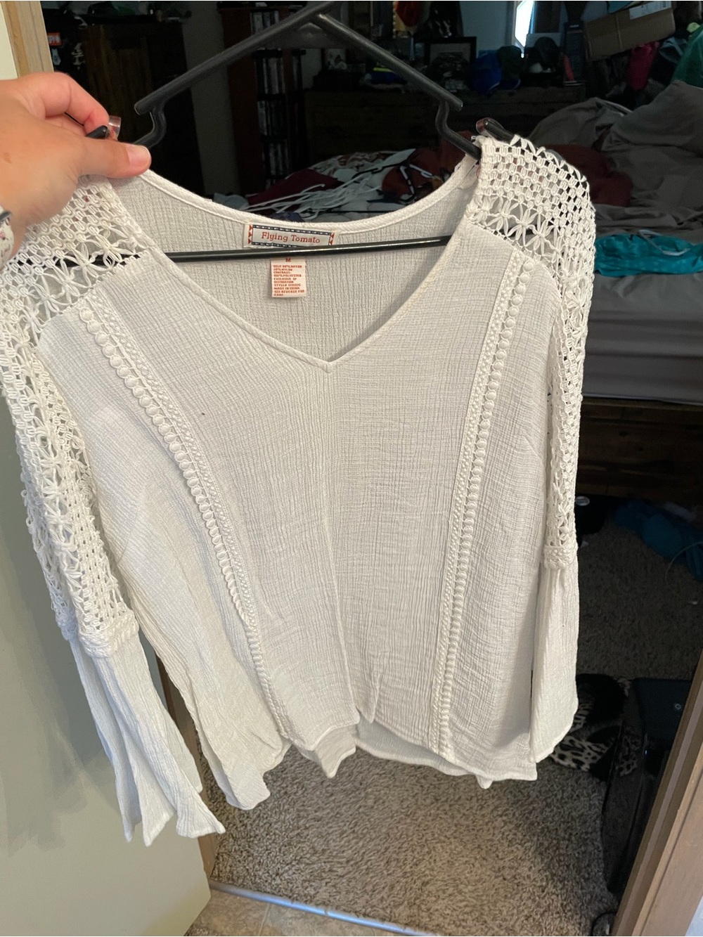 Flying Tomato Cream Crochet-Shoulder V-Neck Blouse